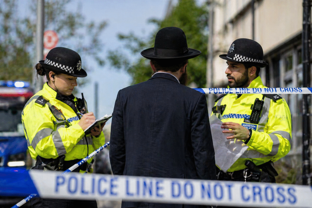 Police officers speaking with a man behind a cordoned-off area on a city street, with police tape marking an active investigation scene.