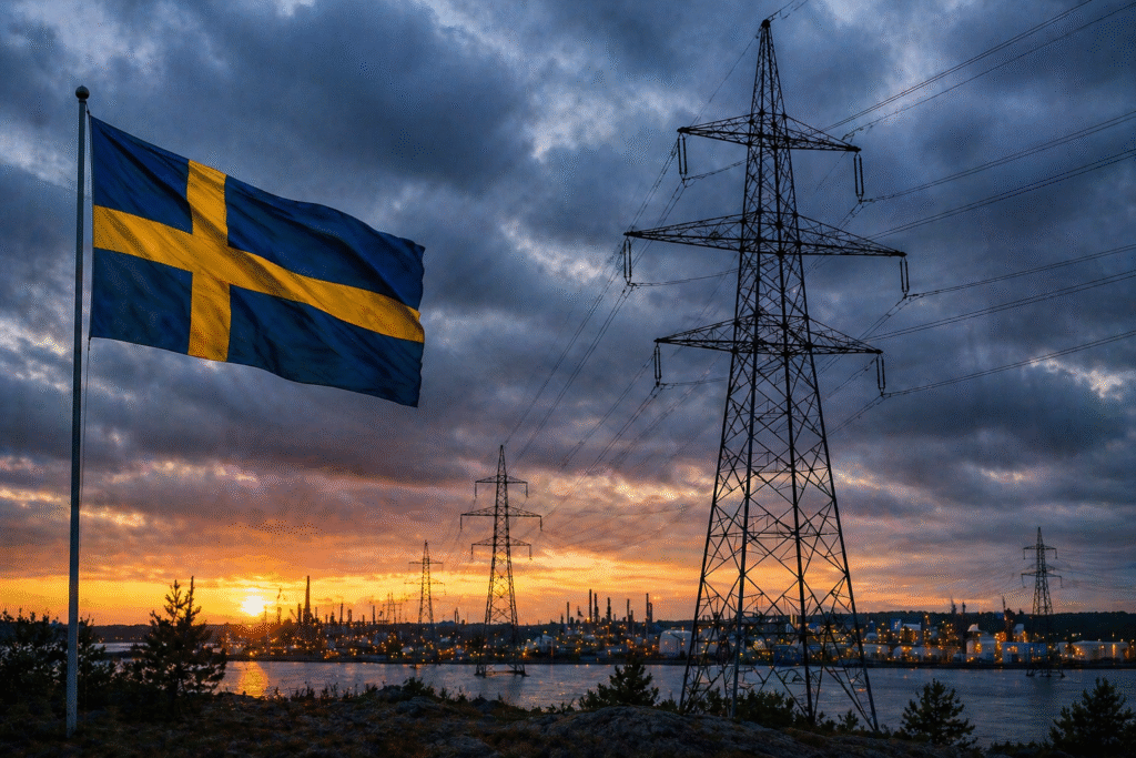Swedish flag flying near power transmission towers and an industrial energy facility at sunset, symbolizing energy supply pressure and infrastructure in Europe.