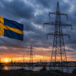 Swedish flag flying near power transmission towers and an industrial energy facility at sunset, symbolizing energy supply pressure and infrastructure in Europe.