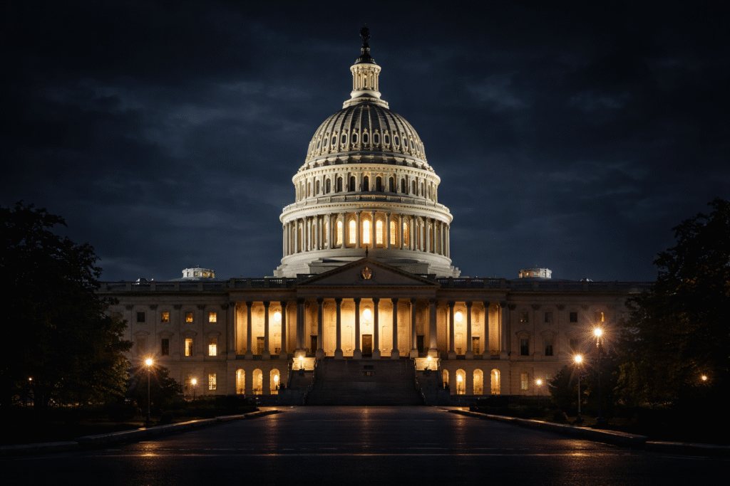 Night-time view of the United States Capitol building with its illuminated dome and columns, set against a dark sky, symbolizing government authority and political decision-making.