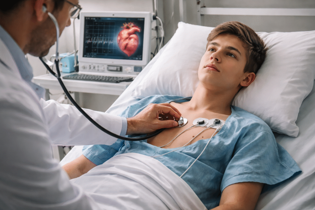 Teen patient in a hospital setting with heart monitoring equipment while a doctor examines chest, representing myocarditis risk after vaccination.