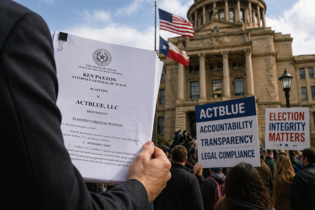 Courthouse exterior with American flags and a person holding legal documents, representing a political lawsuit involving campaign finance allegations.