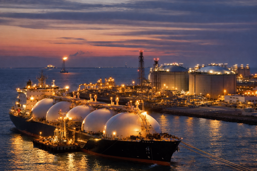 Liquefied natural gas tanker docked at illuminated export terminal on the Texas Gulf Coast at sunset.