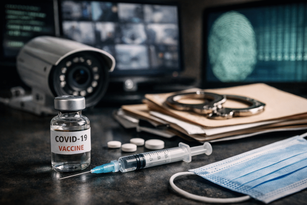 Close-up of vaccine vial, syringe, pills, and medical items alongside surveillance equipment in a dimly lit setting.