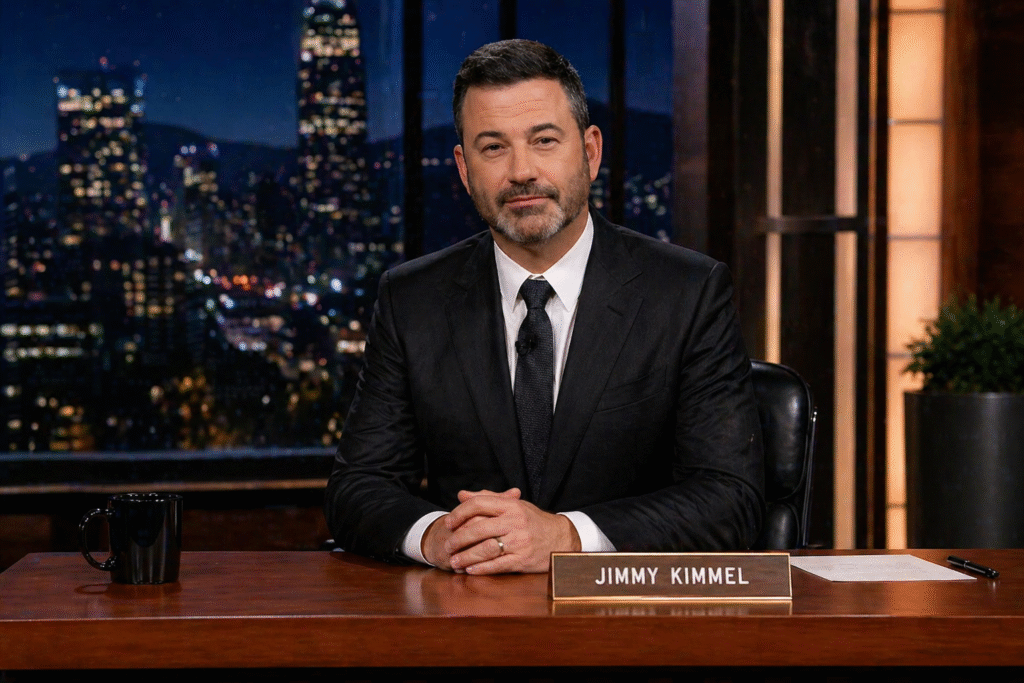 Late-night talk show host seated at a desk in a studio with a blurred city skyline backdrop at night, hands clasped on the desk, wearing a dark suit and tie under warm studio lighting.