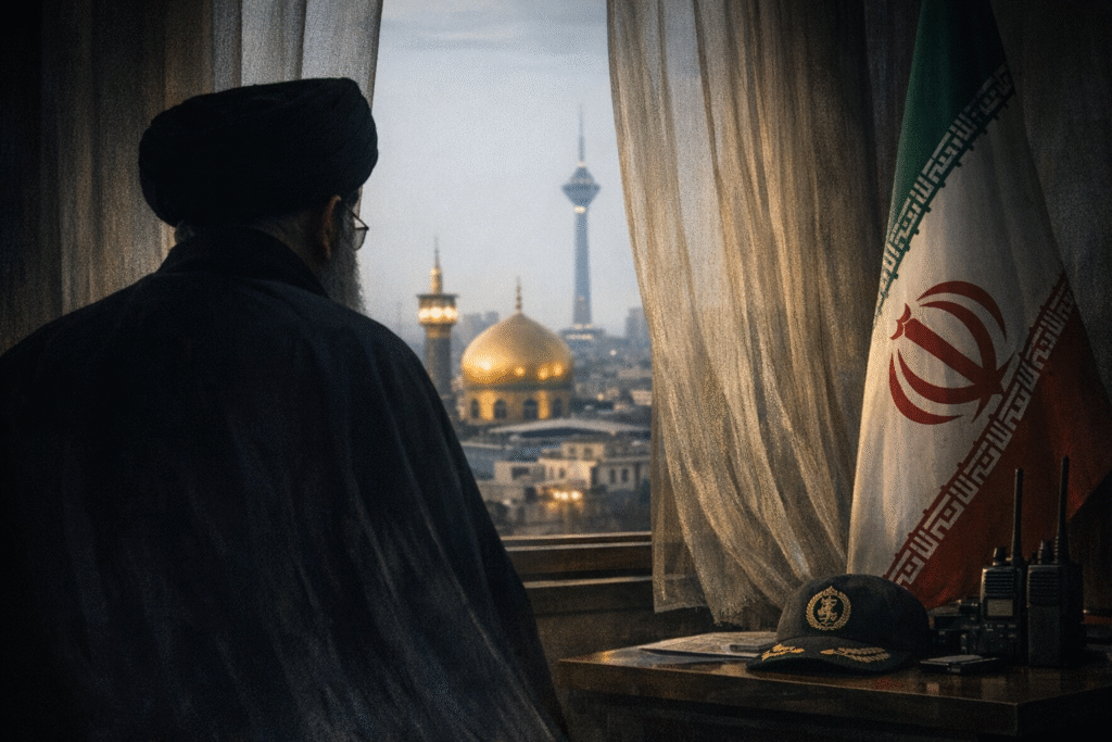 Silhouetted cleric in traditional attire stands by a window overlooking Tehran skyline at dusk, with Iranian flag and military cap on a desk in the foreground.