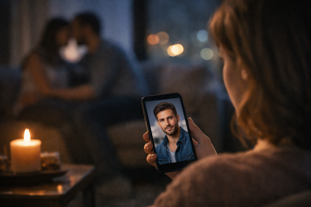 Person looking at a smartphone displaying a virtual companion while a blurred couple interacts in the background, symbolizing contrast between digital and real relationships.