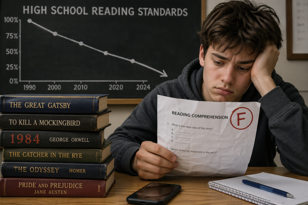 High school student looking discouraged while holding a failed reading comprehension test, with a chalkboard behind showing a downward trend in reading standards and a stack of classic books on the desk.