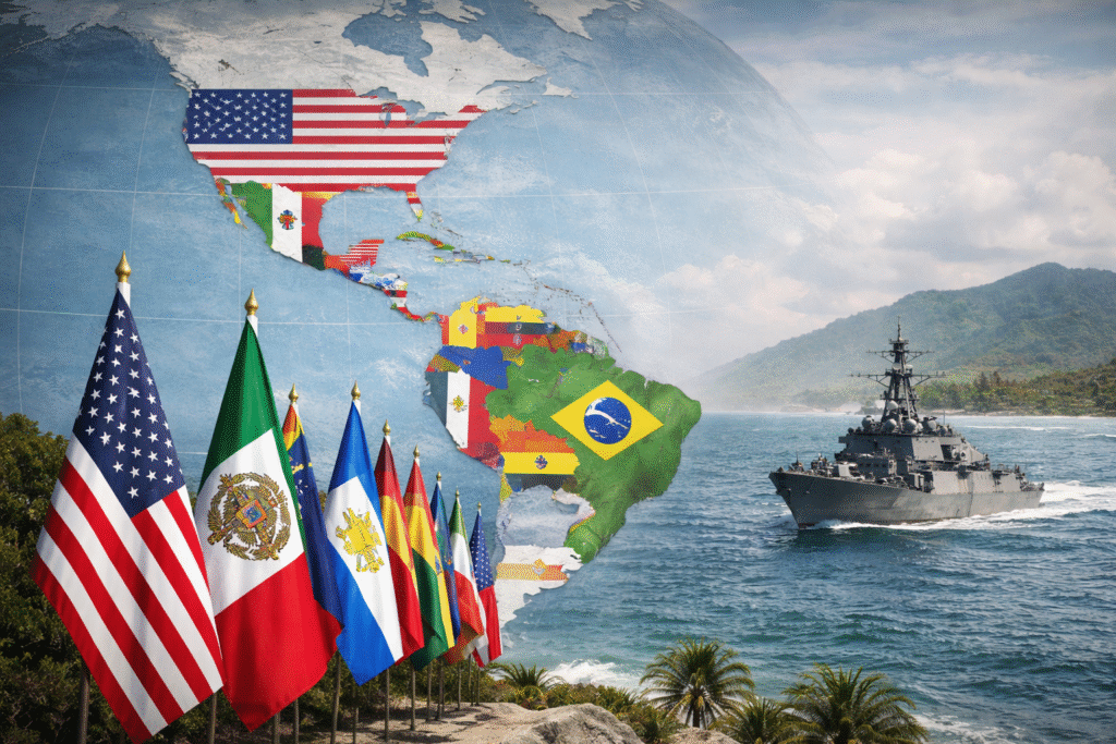 Map of the Americas overlaid with national flags, with a U.S. Navy ship off a tropical coastline, symbolizing geopolitical influence in the Western Hemisphere.