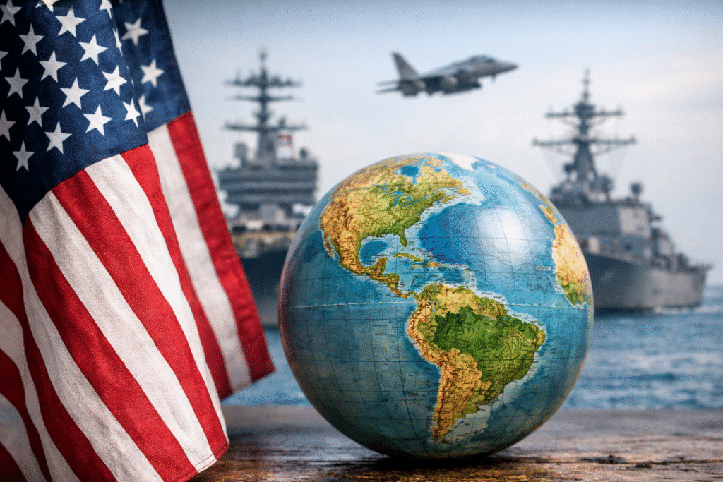 American flag beside a globe highlighting the Americas with naval ships and aircraft in the background representing US influence in the Western Hemisphere.