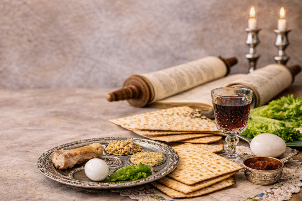 Passover Seder table with symbolic foods on a traditional plate, matzo bread, wine glass, Torah scroll, and lit candles in the background