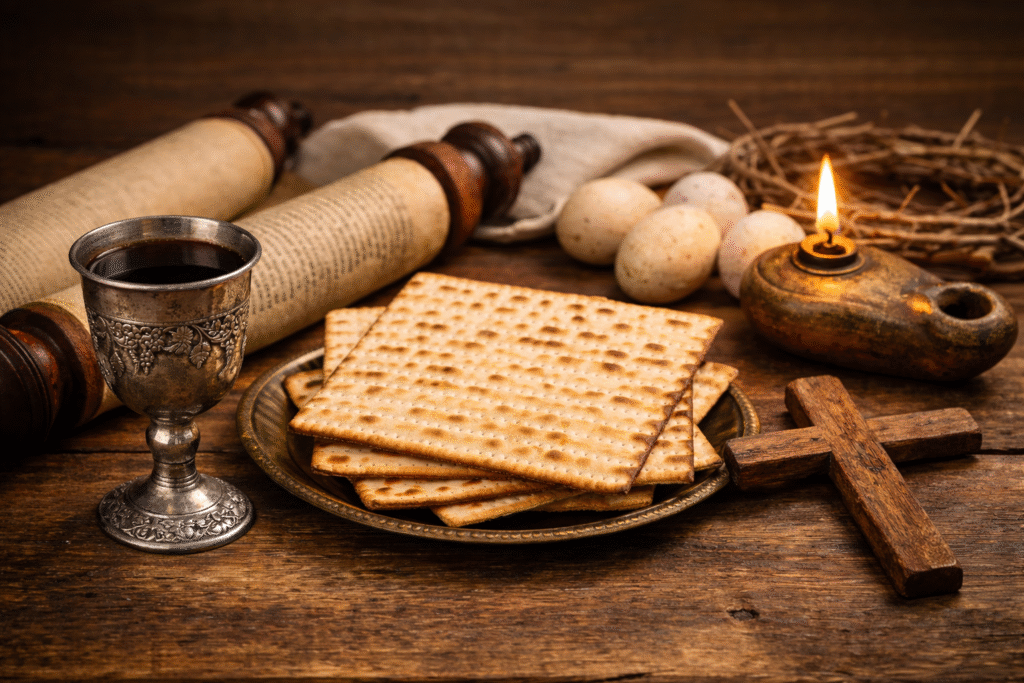Passover meal elements including unleavened bread, cup, oil lamp, and wooden cross arranged on a rustic table symbolizing biblical Sabbath observance.