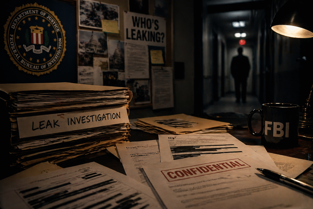 Dimly lit office scene with scattered documents and folders, suggesting an investigation into internal leaks within a government setting.