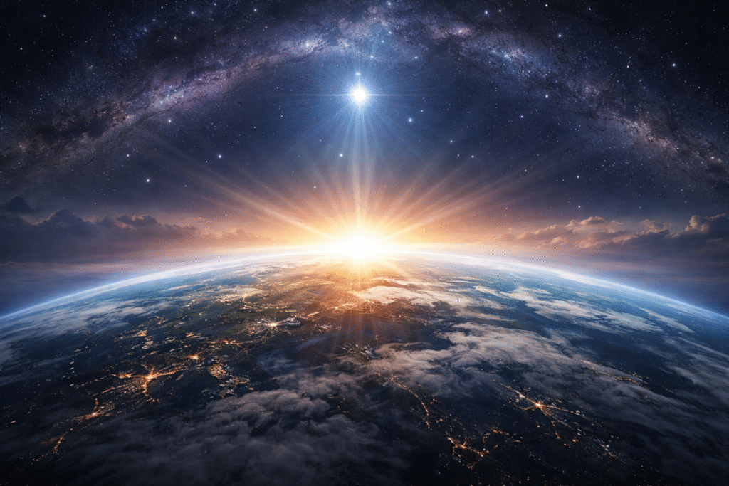 A symbolic global scene showing Earth with soft light emerging on the horizon, representing future transformation and spiritual perspective.