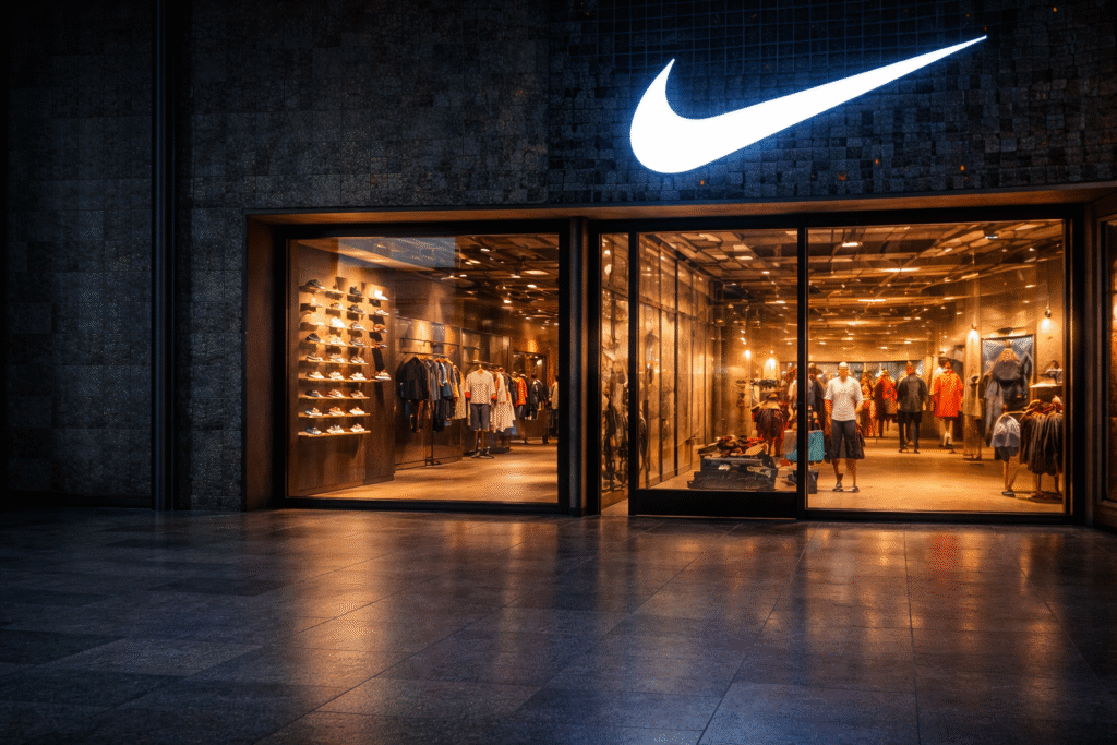 Nike retail store exterior at night with illuminated logo and minimal foot traffic, showing a mostly empty storefront with visible athletic apparel displays inside.