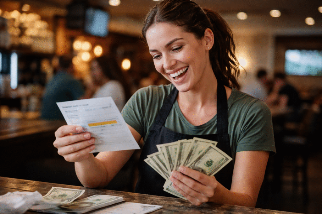 A service worker smiling while reviewing a paycheck and counting cash tips, representing increased income and tax refunds.