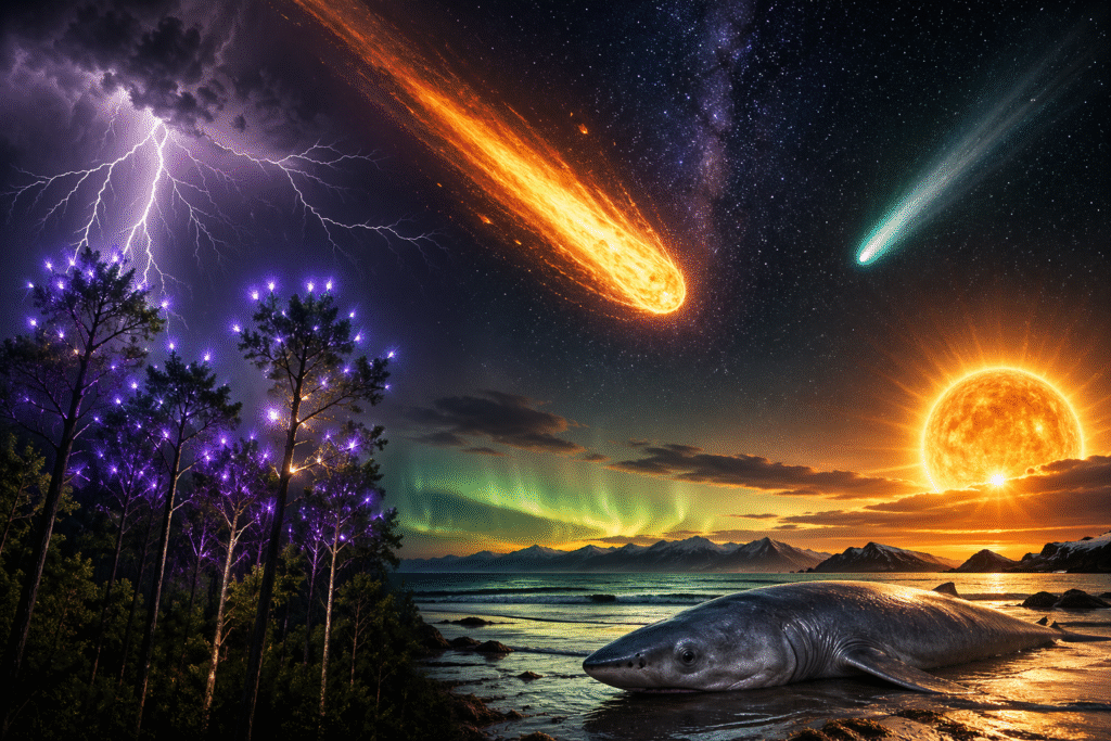 Forest treetops glowing with electrical discharge during a storm beneath a sky illuminated by a bright meteor fireball and cosmic activity.