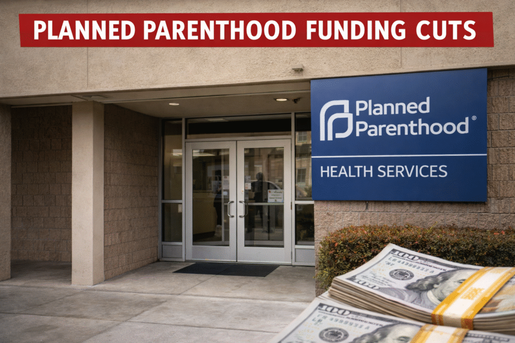 Entrance of a healthcare clinic building with a blue sign, glass doors, and a stack of U.S. dollar bills in the foreground, representing funding and medical services.
