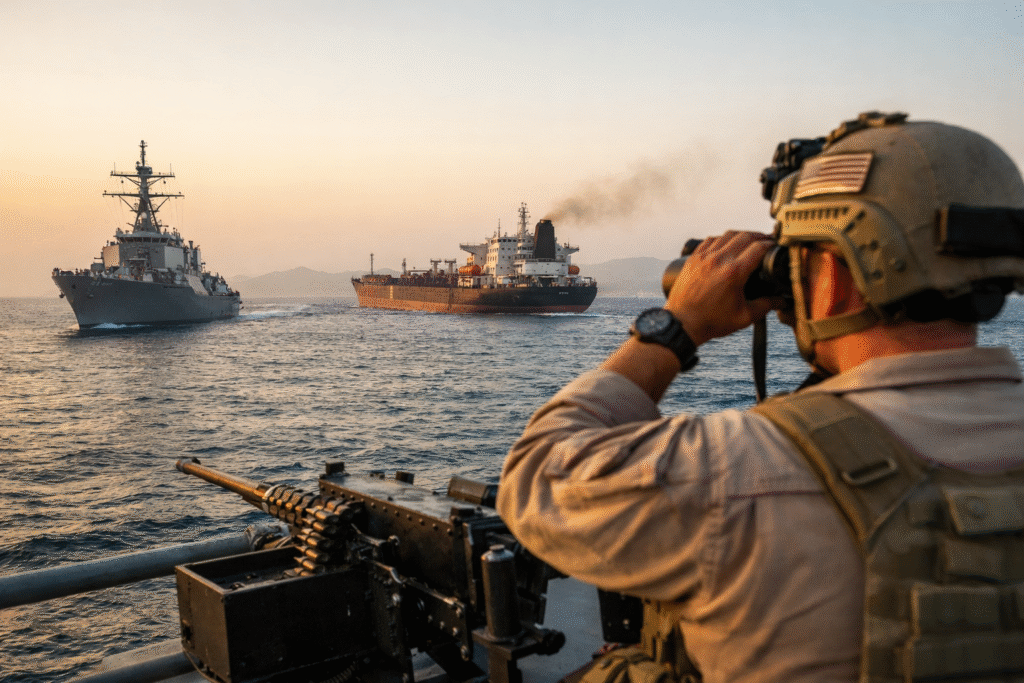 U.S. naval vessel monitoring an oil tanker in the Strait of Hormuz at sunset, illustrating maritime security and global shipping tensions.