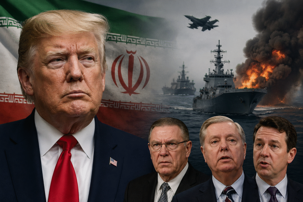 Close-up of Donald Trump in the foreground with a serious expression, set against a backdrop of the Iranian flag, naval warships, military jets, and fire at sea, with three suited men shown in the background.