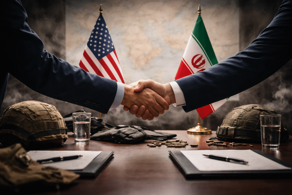 Symbolic image of a diplomatic ceasefire agreement showing neutral negotiation elements and subdued geopolitical tension between opposing sides.