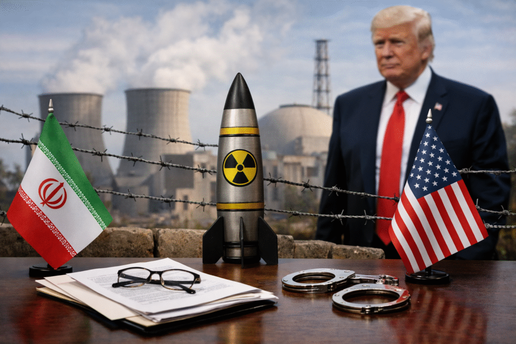Symbolic scene showing U.S. and Iranian flags with a nuclear missile model and facility in the background representing negotiations over Iran’s nuclear program.
