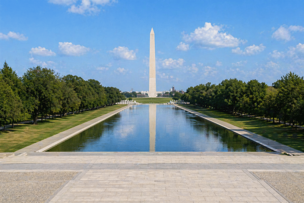 Lincoln Memorial Reflecting Pool stretching toward the Washington Monument with calm water reflecting the sky and surrounding trees.