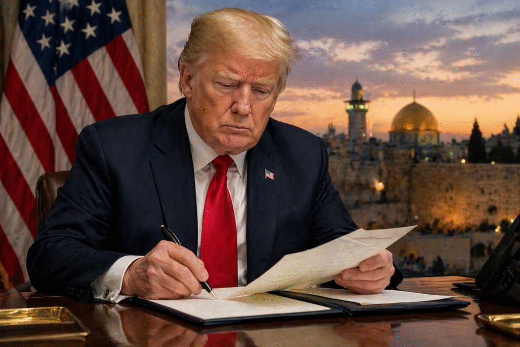 A suited political leader reviewing documents at a desk with an American flag and distant Middle Eastern skyline in the background, representing diplomatic negotiations.