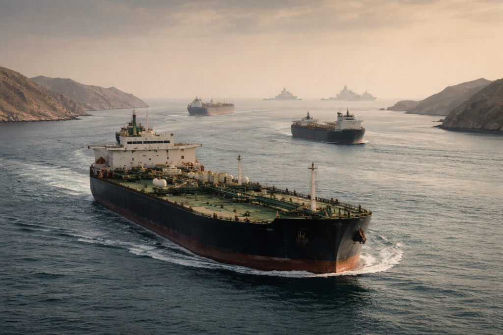 Oil tankers navigating a narrow strait with distant naval ships under a hazy sky, symbolizing geopolitical tension and global energy routes.
