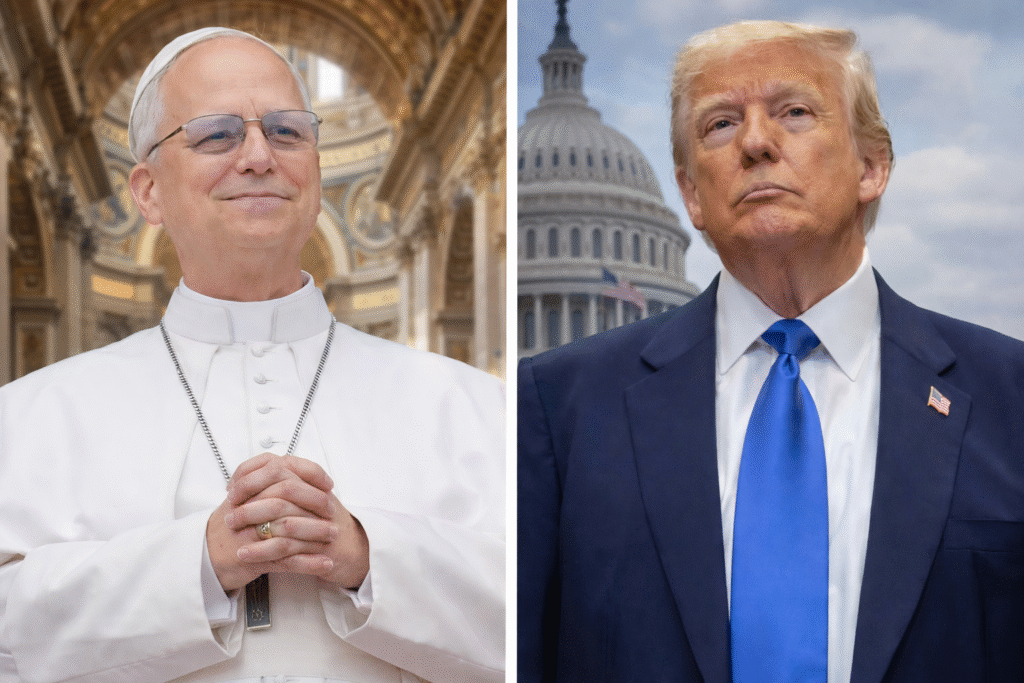 Two side-by-side portraits showing a pope in white clerical attire inside a grand cathedral interior and a suited political figure standing before a domed government building background.