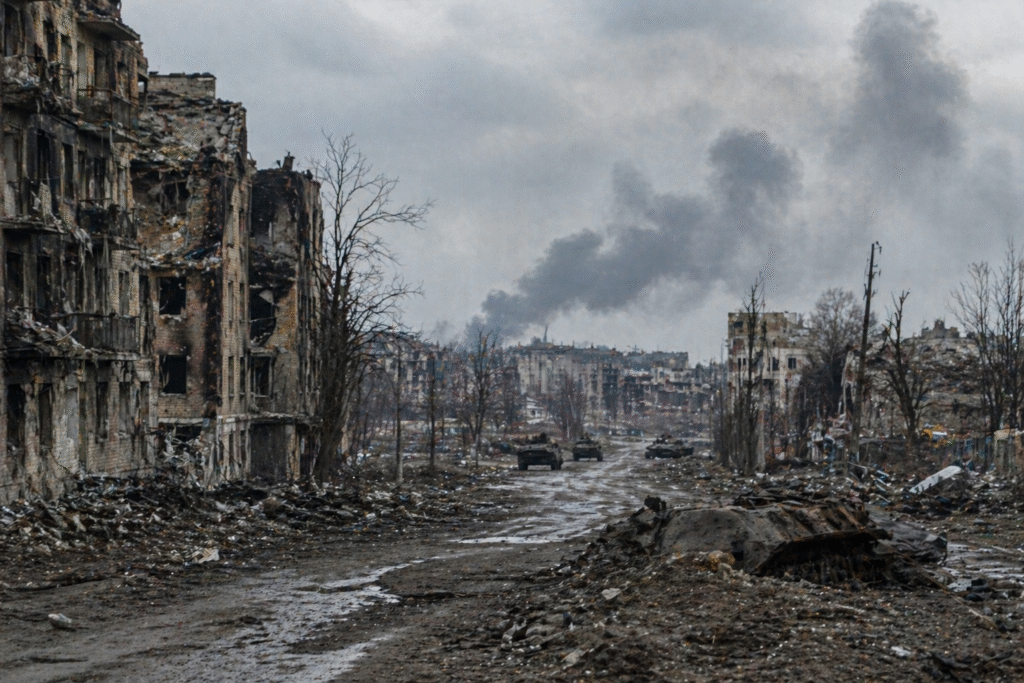War-damaged urban area with destroyed buildings and empty streets, representing ongoing conflict and military impact in Ukraine.