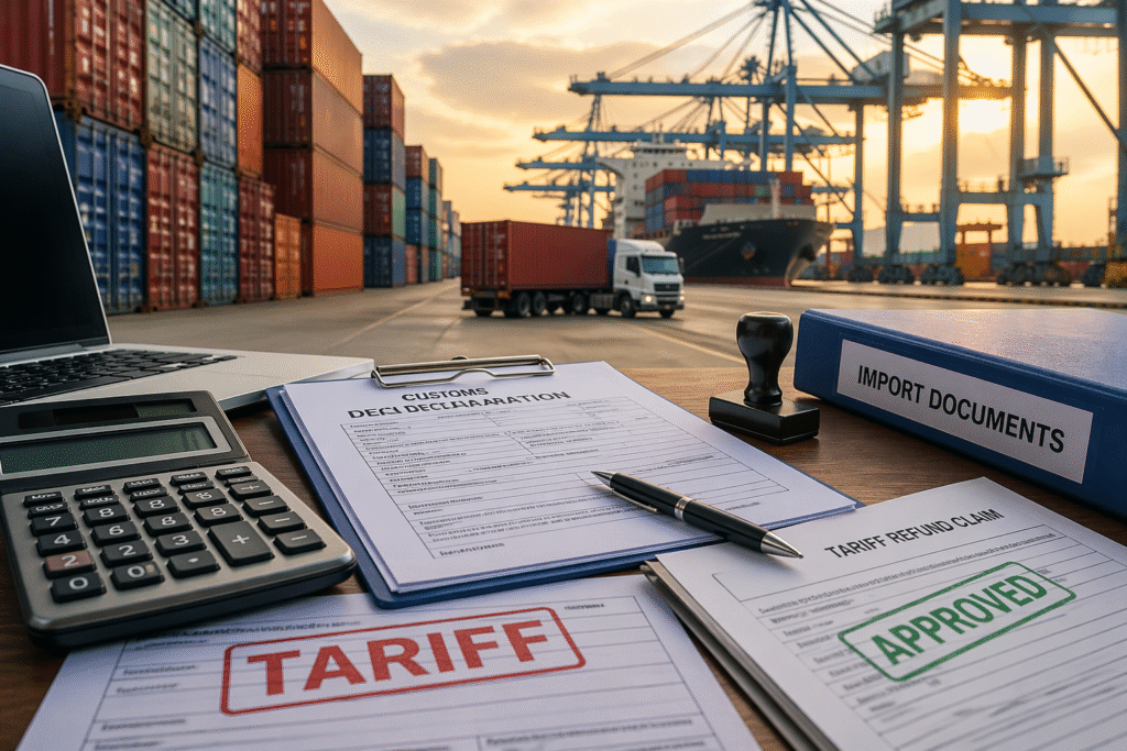 Shipping containers at a busy port with customs paperwork and trade documents symbolizing tariff refunds and international commerce.
