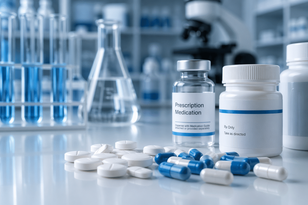Close-up of pharmaceutical pills and medicine containers on a clean laboratory surface, symbolizing drug pricing and biotech innovation.