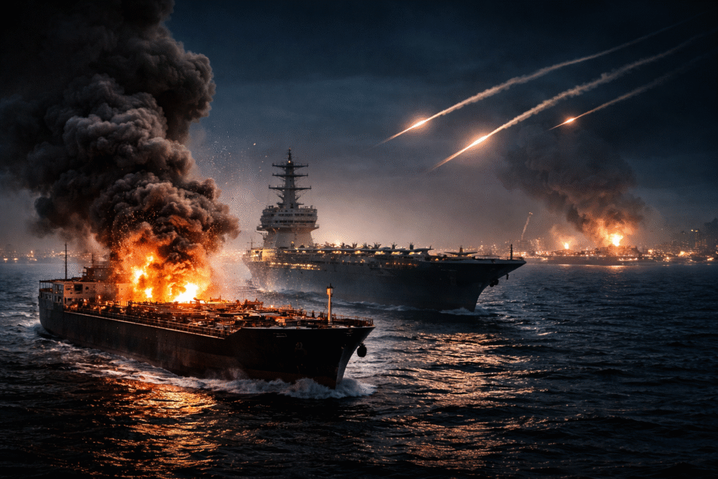 A tense night-time scene showing an oil tanker at sea with smoke rising after a strike, alongside military presence symbolizing escalating conflict in the Middle East.