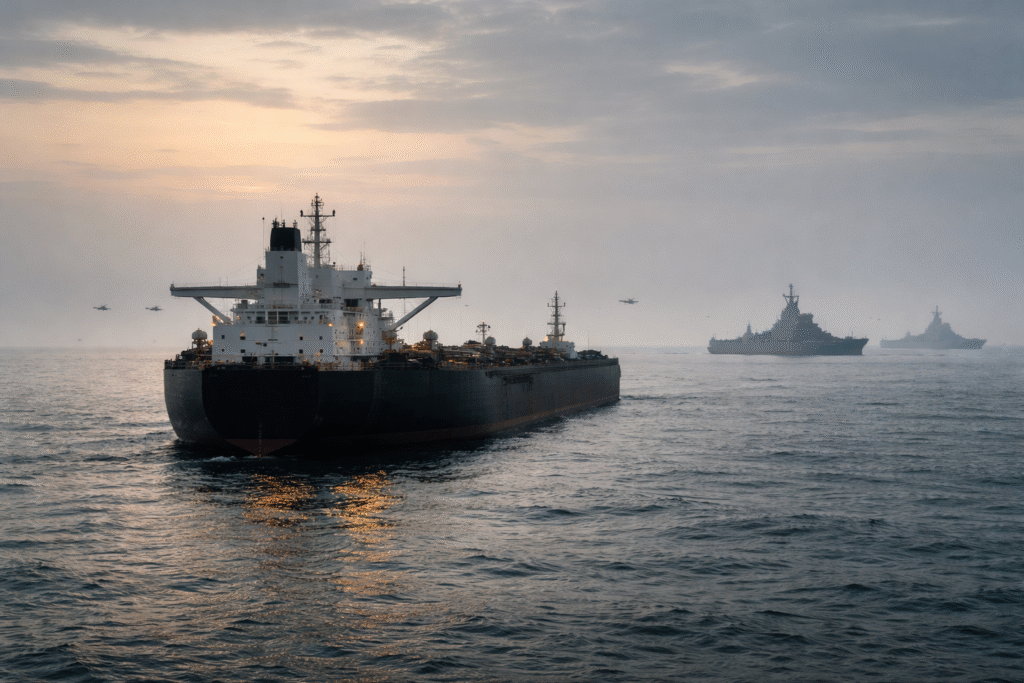 Oil tanker paused at sea with distant naval warships during a maritime blockade in the Strait of Hormuz.