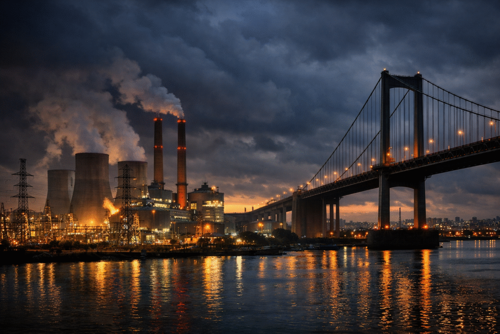 Power plant and large bridge under dark sky symbolizing potential infrastructure targets amid geopolitical tension.