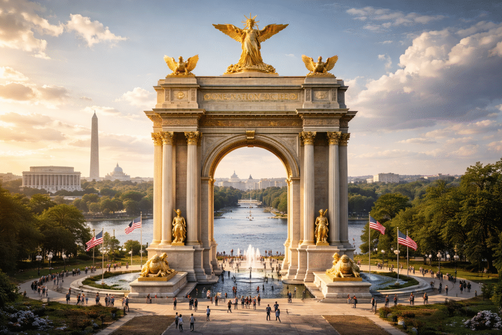 Realistic rendering of a monumental neoclassical triumphal arch with gold accents and statues, symbolizing a proposed large-scale national monument in Washington