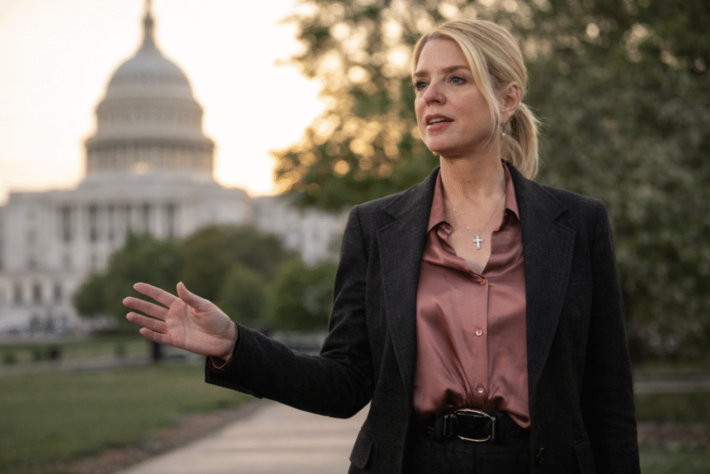A woman in professional attire stands outdoors gesturing while speaking, with a government building blurred in the background at sunset.