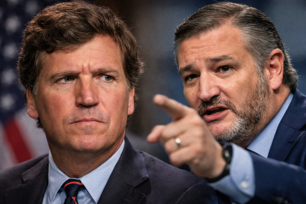 Close-up composite of Tucker Carlson with a serious expression and Ted Cruz gesturing emphatically during a public exchange, set against a muted patriotic backdrop.