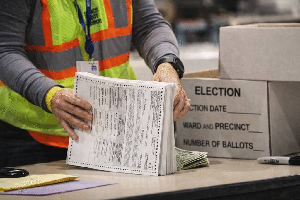Close-up angled view of an election worker in a high-visibility vest handling a stack of ballots at a processing table, with boxes and paperwork in the background, symbolizing election administration and oversight.