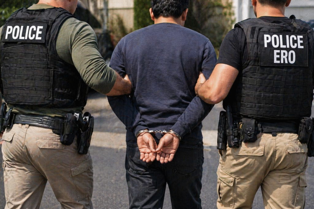 Man with hands cuffed behind his back being escorted by two law enforcement officers in tactical vests during an outdoor arrest scene.