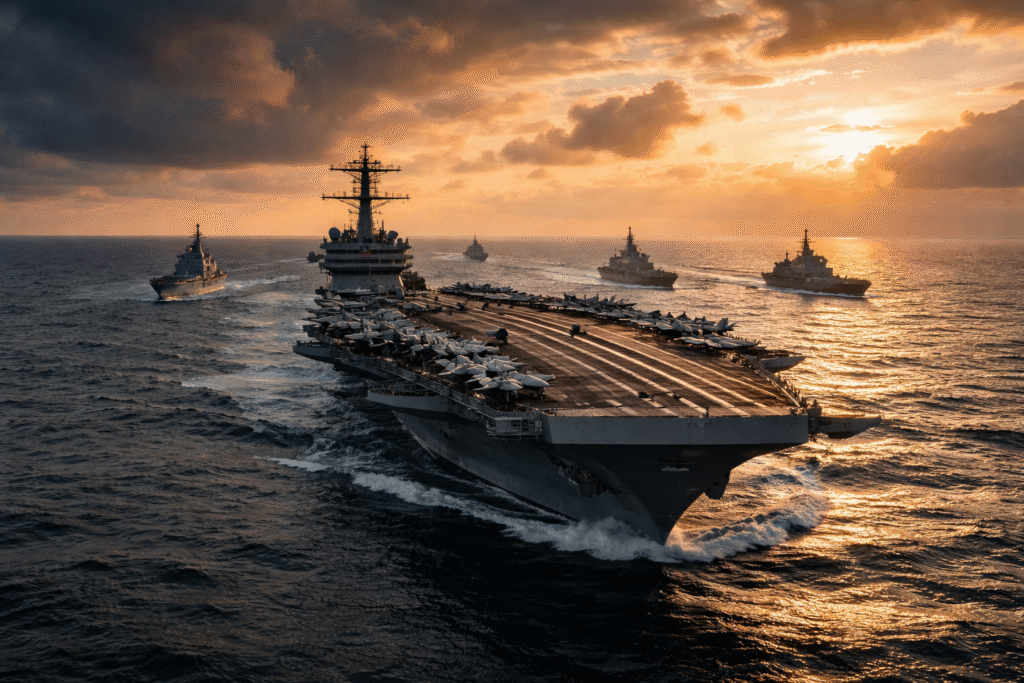 US aircraft carrier and escort warships sailing in formation through open ocean during heightened Middle East tensions