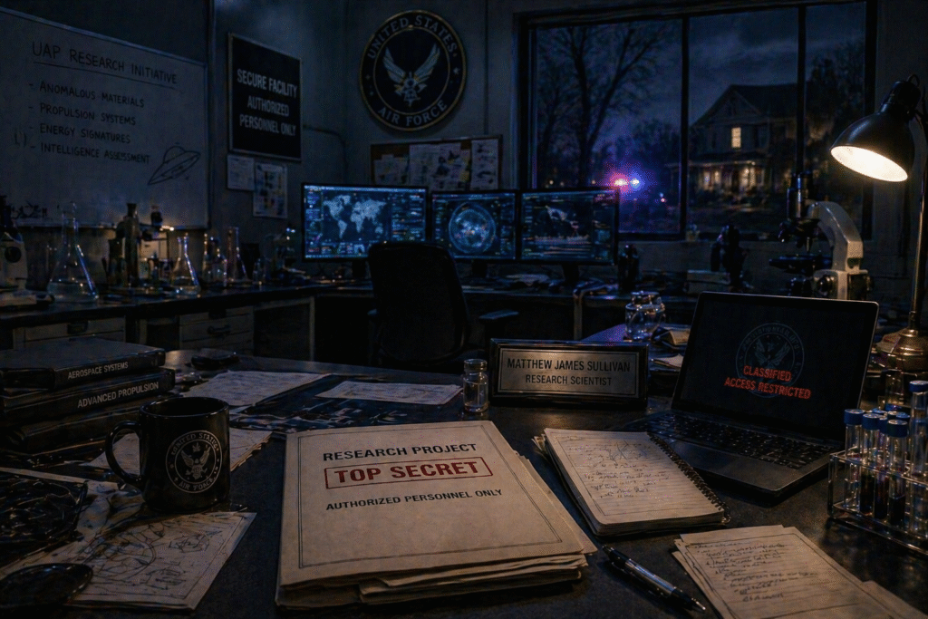 Dimly lit laboratory with empty workstations and equipment, creating a moody scene suggesting investigation into unexplained scientific-related deaths.