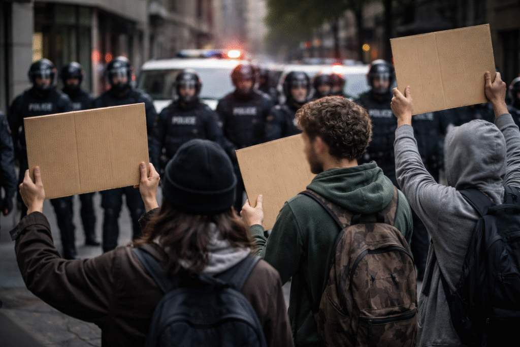 Small group of protestors with blank signs facing police officers in an urban setting, conveying tension without visible violence
