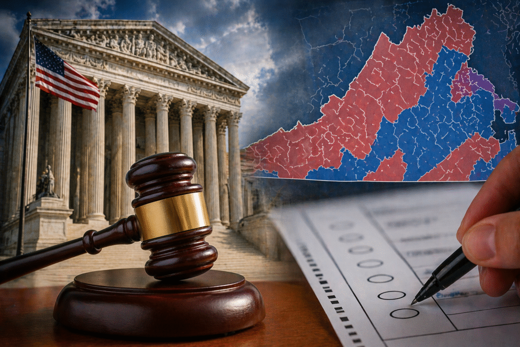 State courthouse with American flag and symbolic voting elements, representing a legal ruling on election redistricting and ballot disputes.