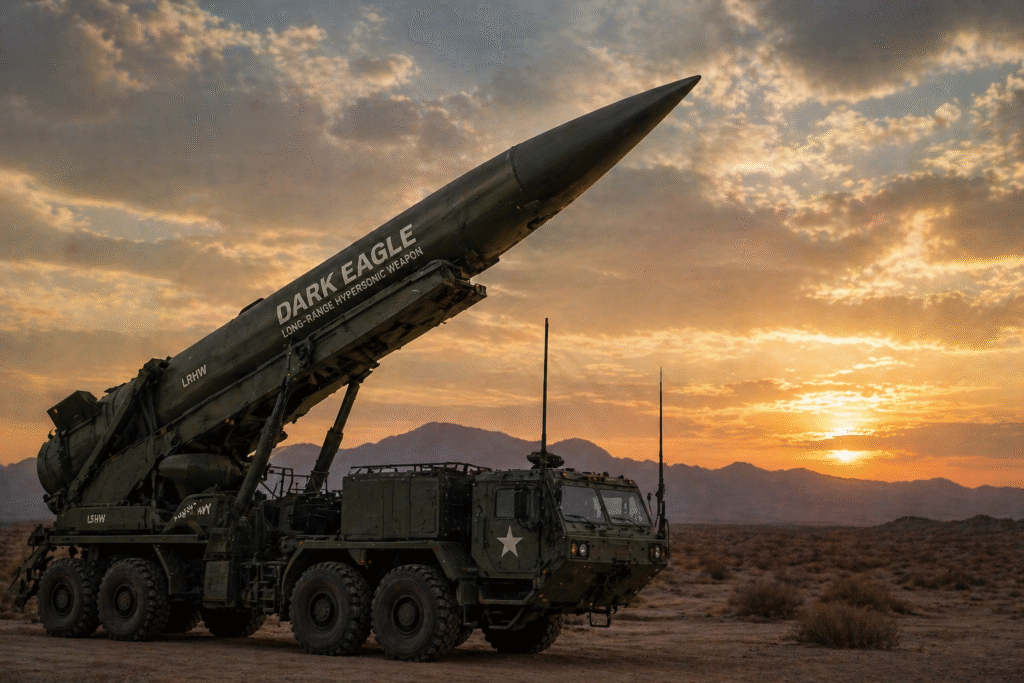 Long-range missile launcher positioned in a desert environment at dusk, representing advanced hypersonic weapons deployment.