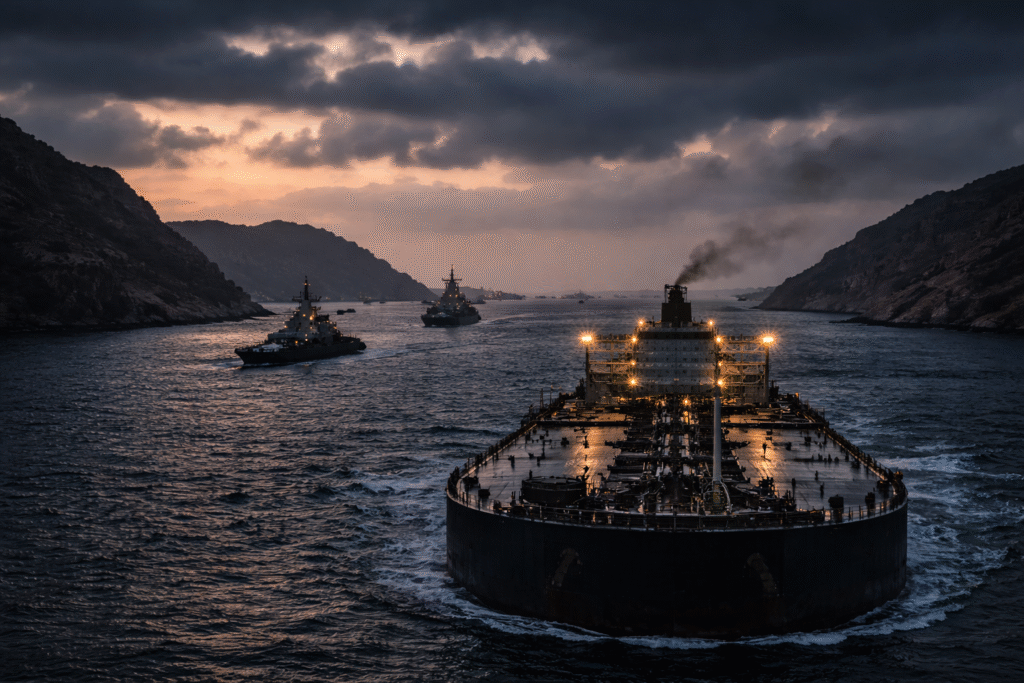 Oil tanker navigating a narrow maritime chokepoint at dusk with distant naval vessels and rugged coastline, symbolizing tensions in the Strait of Hormuz.