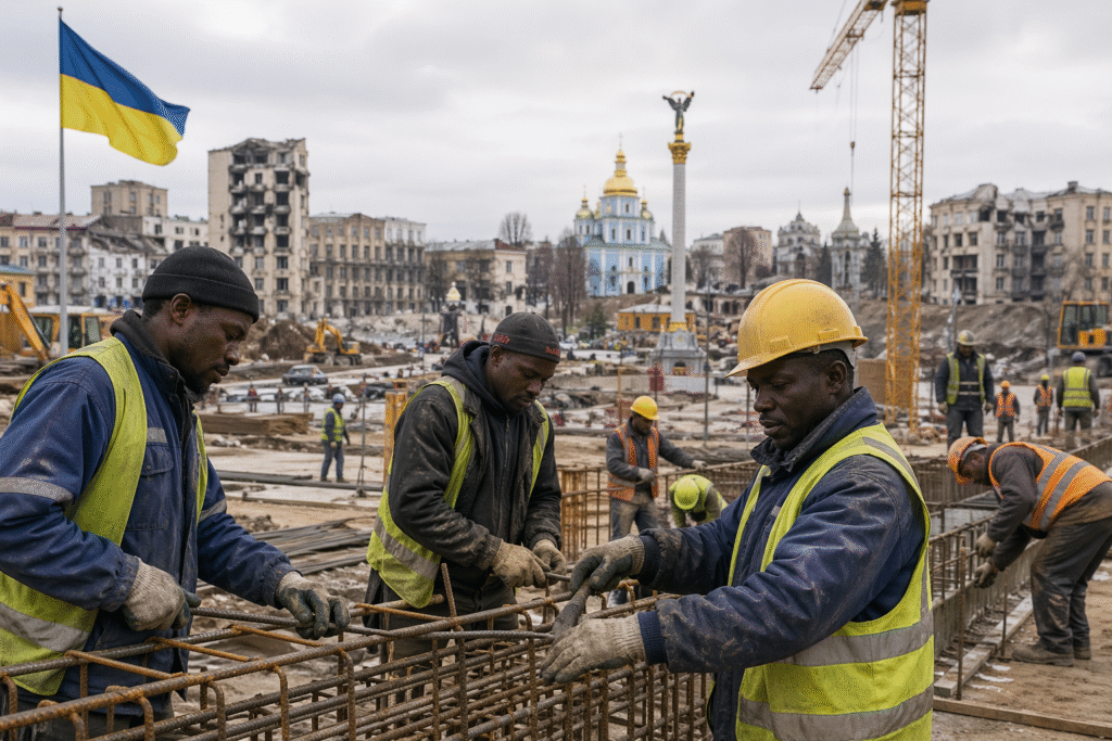 Workers at a large construction site in a war-affected Ukrainian city, symbolizing foreign labor and rebuilding efforts.