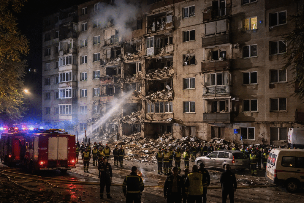 Damaged apartment building with broken windows, debris, and emergency responders after a drone strike in an urban area.