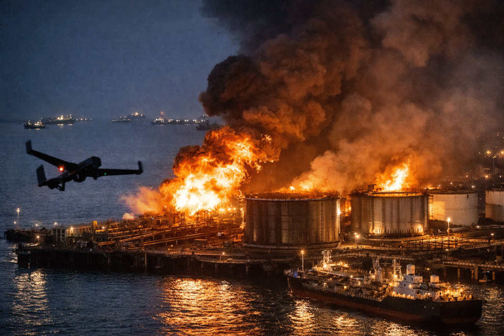Nighttime view of a coastal oil storage facility engulfed in flames after a drone strike, with thick smoke rising above tanks and ships nearby.